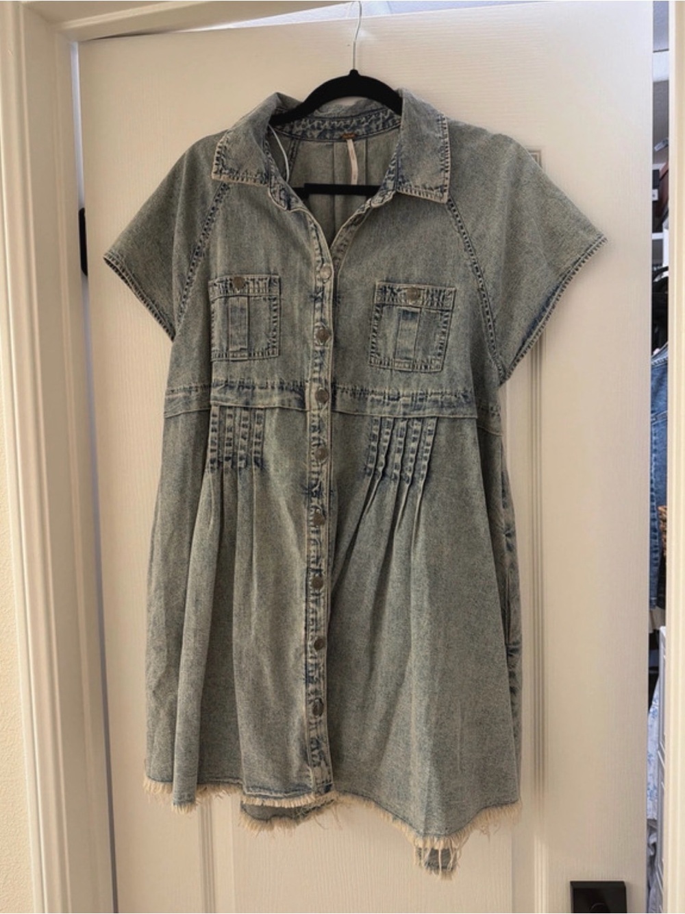 Free People Denim Button-Front Short Sleeve Dress - Light Blue